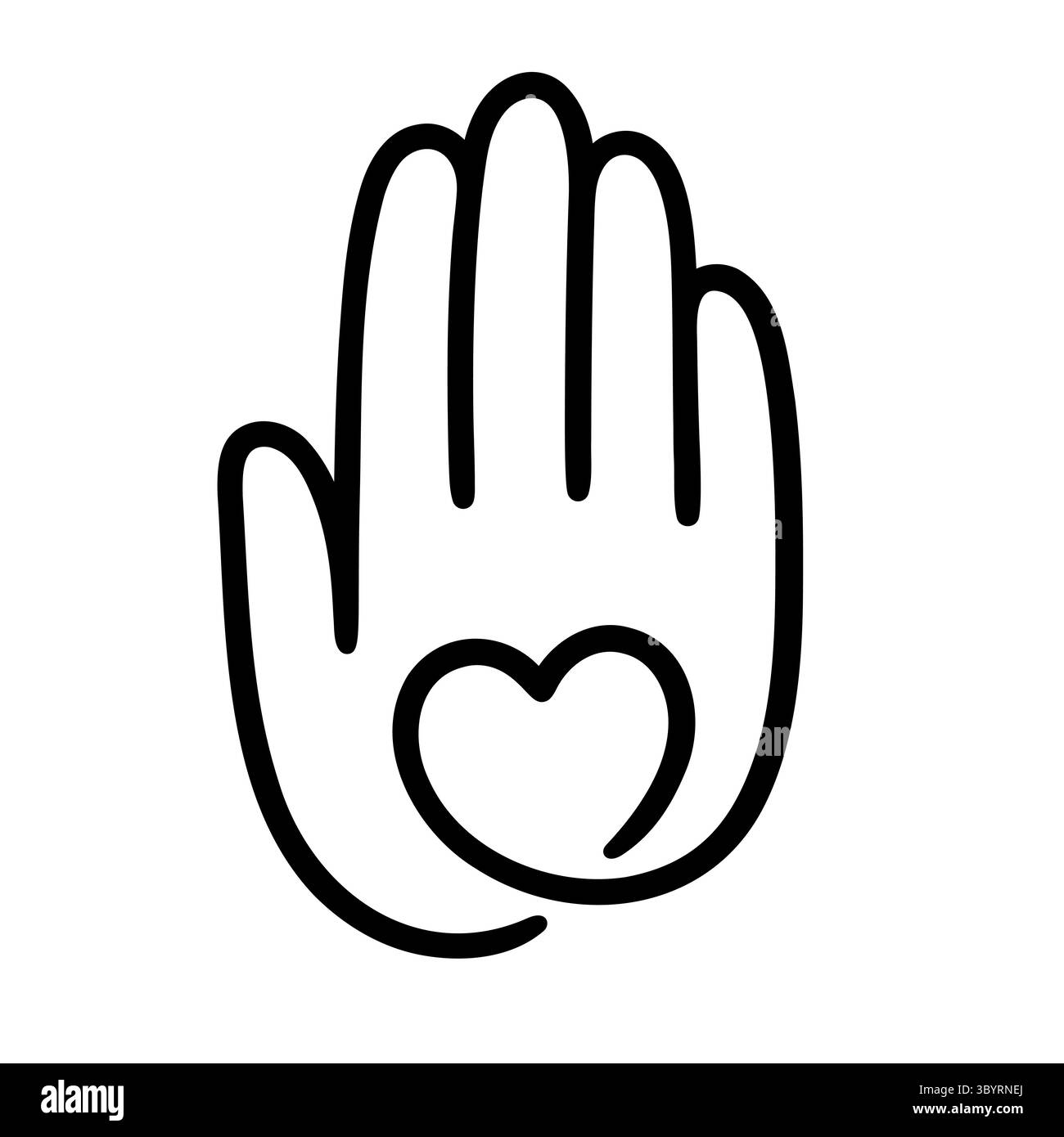 Menschliche Hand mit Herzumriss, handgezeichnetem Logo im Doodle-Stil. Design-Element für Wohltätigkeitsorganisationen, Freiwilligenarbeit, soziale Unterstützung. Abbildung eines einzeiligen Vektors. Stock Vektor