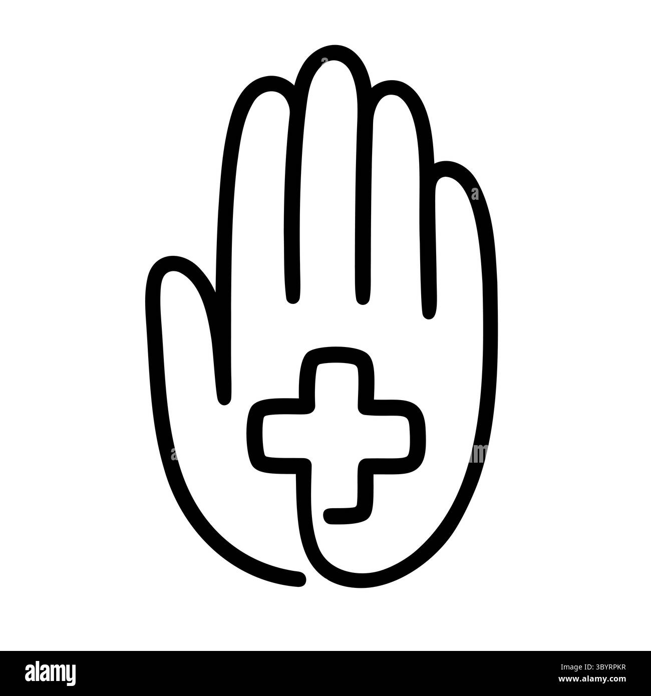 Menschliche Hand mit medizinischem Kreuzumriss, handgezeichnetes Doodle-Stil-Logo. Gesundheit Wohltätigkeitsorganisation, freiwilliges Design-Element. Abbildung eines einzeiligen Vektors. Stock Vektor