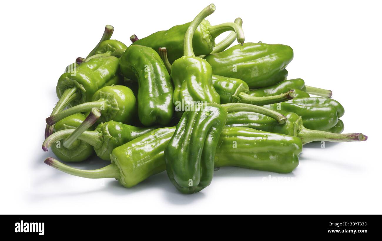 Friggitelli, ein Haufen von toskanischen oder Griechisch milde Paprika, genannt Peperoncini in den USA (Capsicum Annuum). Schneidepfad, Schatten getrennt Stockfoto