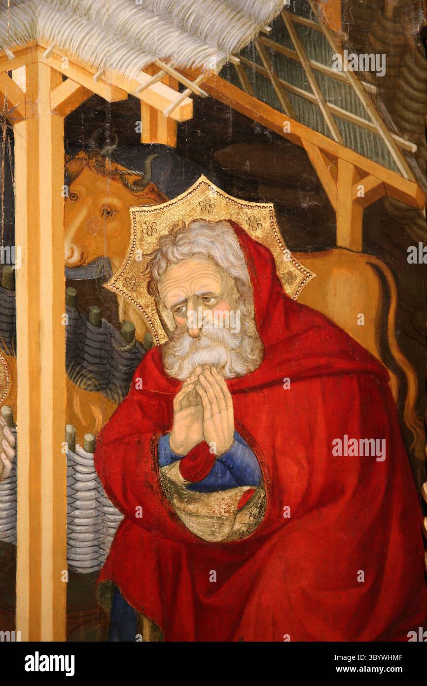 Johannes der Evangelist. Geburt. Details. st. Jospeh. Tempera auf Holz. Von Guerrau Gener und Lluís Borrassà-c-1402-1411. MNAC. Spanien. Stockfoto Johannes der Evangelist. Geburt. Details. st. Jospeh. Tempera auf Holz. Von Guerrau Gener und Lluís Borrassà-c-1402-1411. MNAC. Spanien. Stockfoto