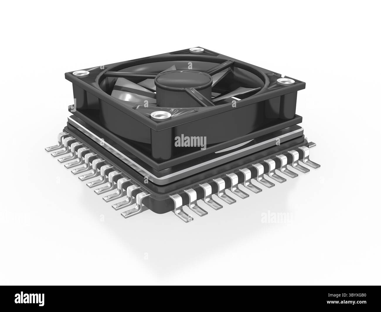 3D-Mikrochip, Prozessor, CPU mit Lüfter, isoliert Stockfoto