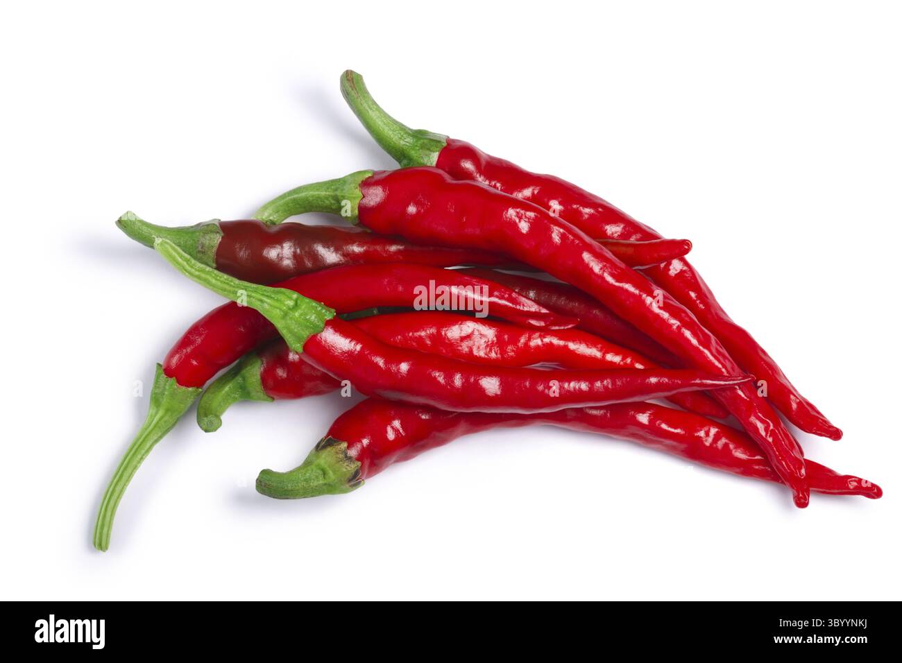 Flor De Arbol und Chilli Cayenne (Capsicum Annuum), rot reif. Schneidepfade, Schatten Sie getrennt, Top Aussicht Stockfoto