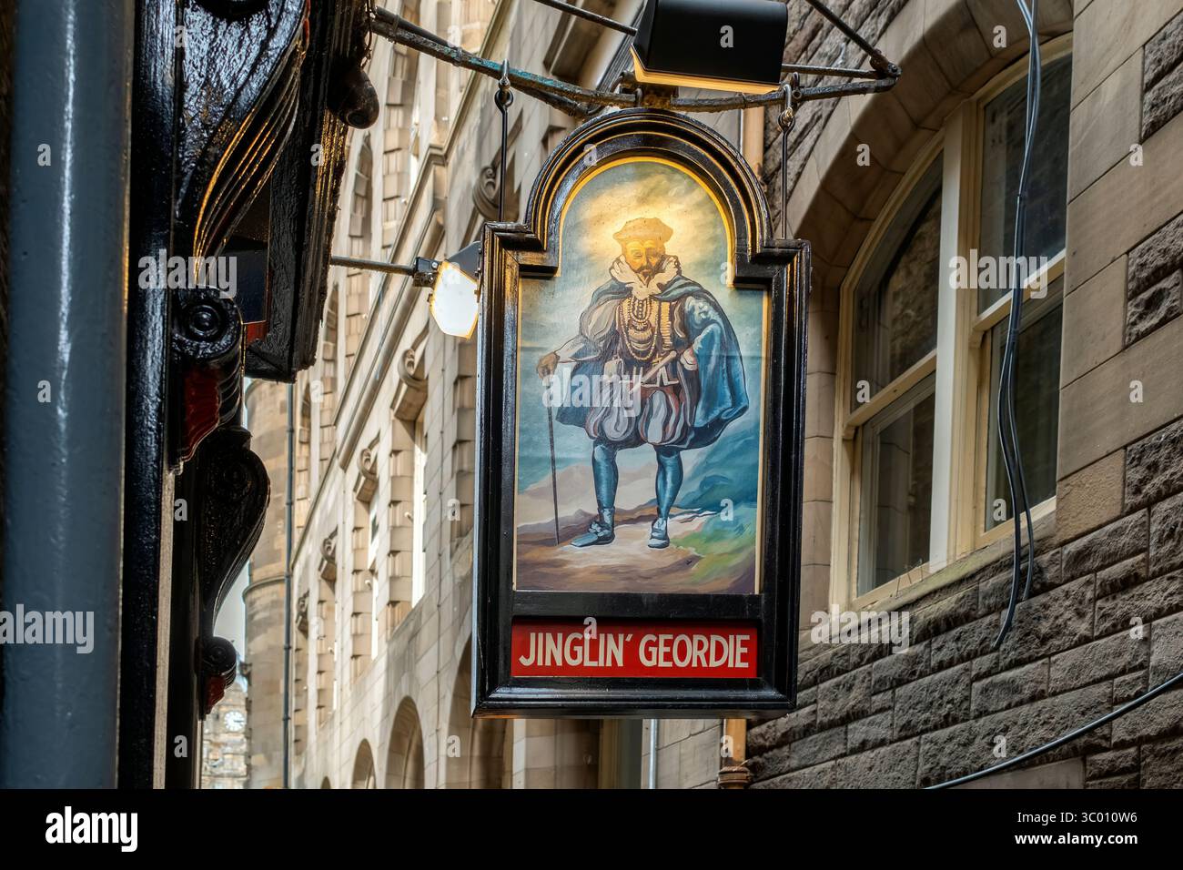 Pub-Schild für das Jinglin Geordie in Fleshmarket Close, Edinburgh, Schottland, Großbritannien. Stockfoto