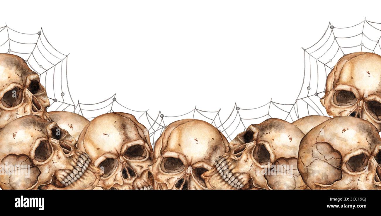 Menschliche Schädel und Spinnennetz, rechteckiger Rahmen unten. Aquarell-Gothic-Illustration. Geeignet für Halloween, Day of the Dead, gruselige Drucke, Vorlagen Stockfoto
