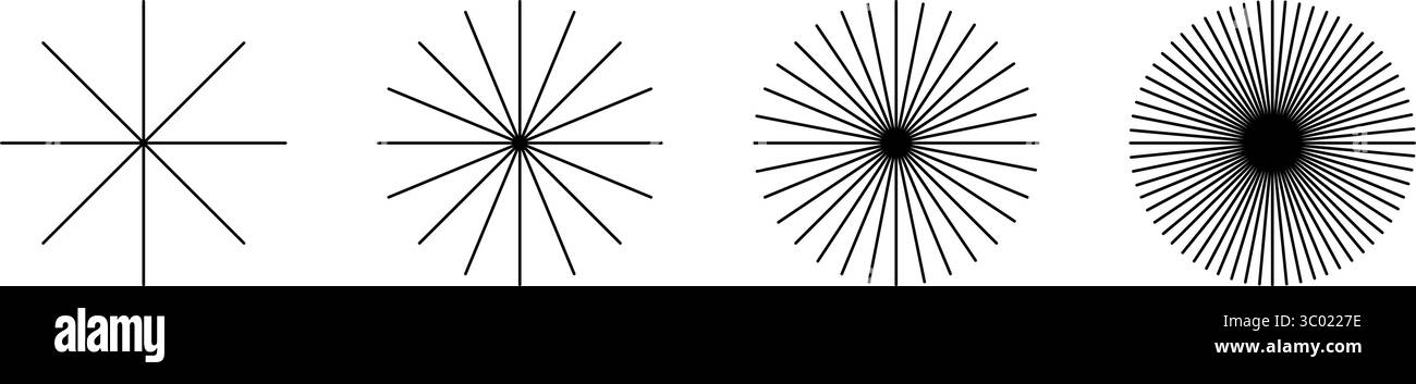 Sammlung gerader radialer Linien. Set von Sonnenstrahlen-Symbolen auf weißem Hintergrund. Symbole für Strahlkraft, Explosion oder Feuerwerk. Sonnenlicht, Sonnenschein oder Sonnenstrahlen. Vektorgrafik. Stock Vektor