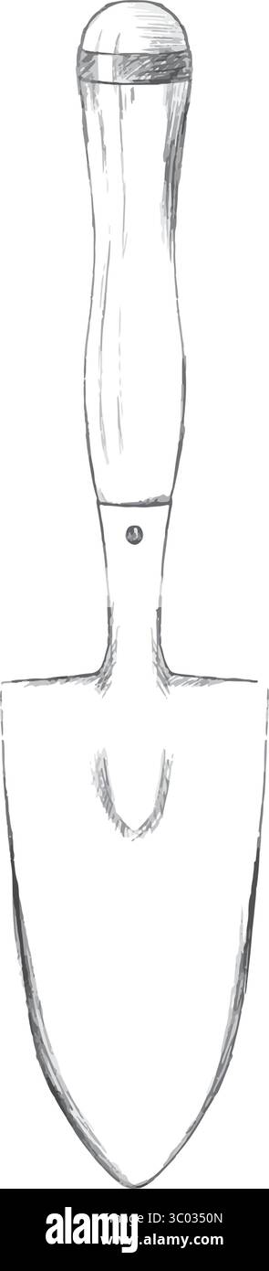 Eine robuste Gartenkelle, die perfekt zum Pflanzen, Graben und Umpflanzen einer Vielzahl von Blumen und Pflanzen ist. Handgezeichnete Vektorillustration in Schwarzweiß-Grafiken. Stock Vektor