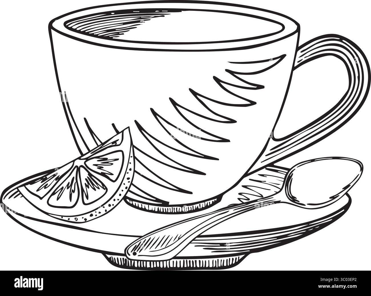 Vektorbecher mit Untertasse, Zitronenscheiben und Löffel. Schwarz-weiß zum Färben. Handgezeichnete Illustration, Schwarzweiß-Umrisse, für Poster, Postkarten Stock Vektor