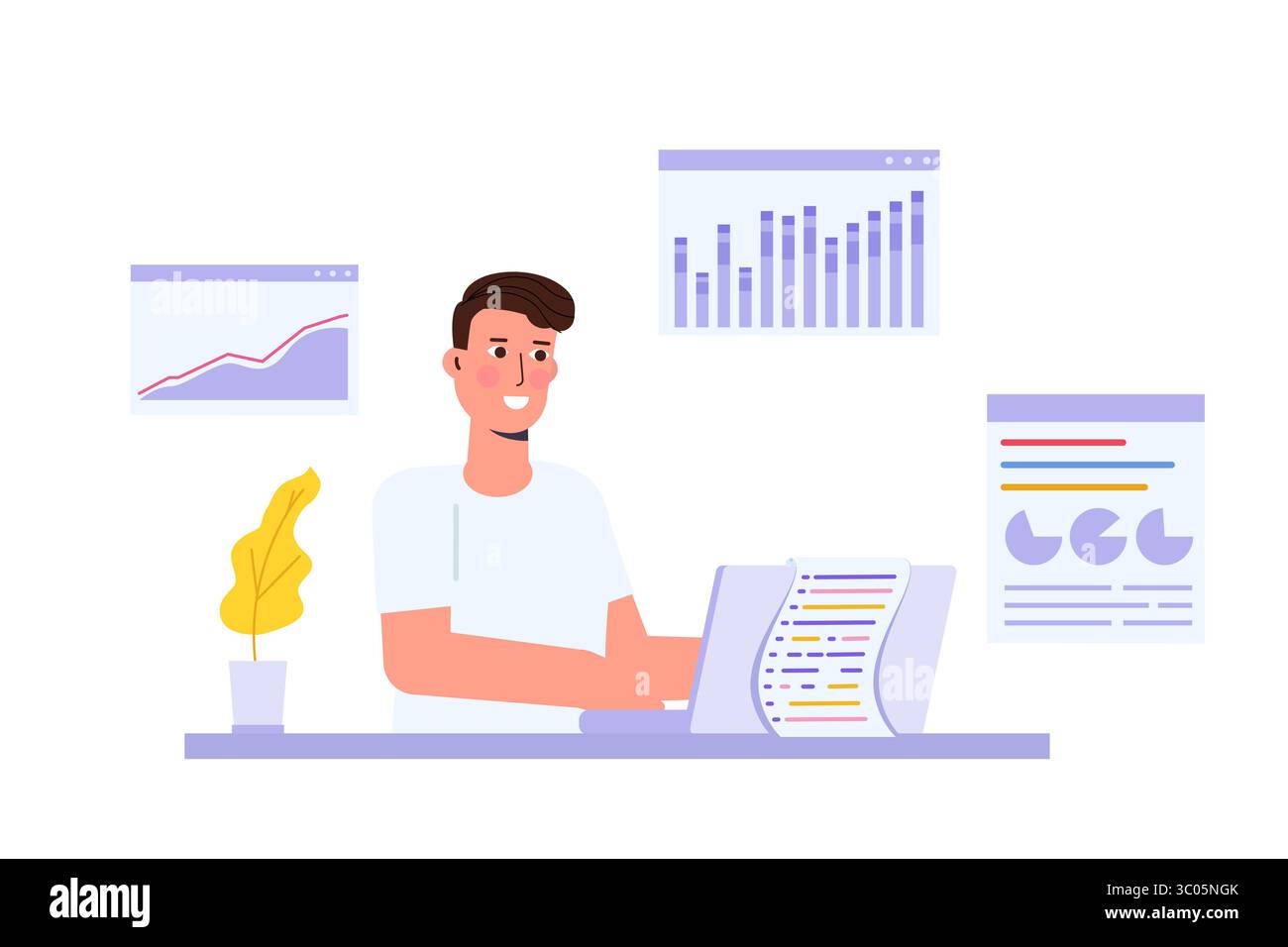 Data Scientist-Konzept. Geschäftsleute diskutieren in einem Meeting die Datenanalyseforschung und arbeiten gemeinsam an einem Bericht, wobei sie Diagramme und eine Dashboa verwenden Stock Vektor