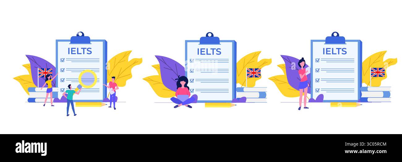 Englischprüfung und Prüfung. IELTS International English Language Testing System. Vektorillustrationsset, Sammlung. Stock Vektor