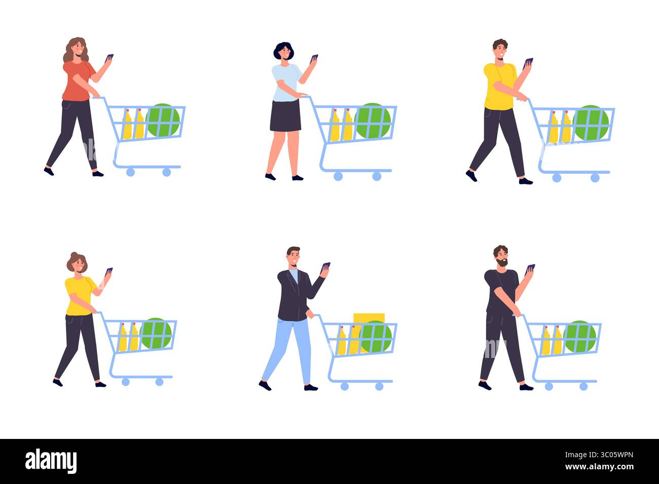 Charakter mit einem Einkaufswagen. Vektor-isolierte Abbildung Stock Vektor