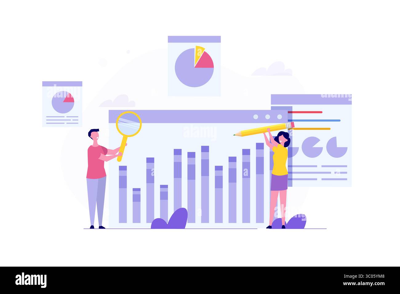 Data Scientist-Konzept. Datenanalysen recherchieren und arbeiten gemeinsam an einem Bericht mithilfe von Diagrammen und einem Dashboard auf einem Monitor. Vektorabbildung. Stock Vektor