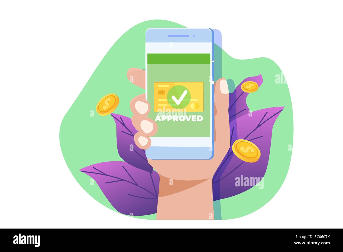 Transaktion genehmigt, Finanztransaktionen, bargeldlose Zahlung, Geldwährung, NFC-Konzept für Zahlung. Vektorabbildung. Stock Vektor