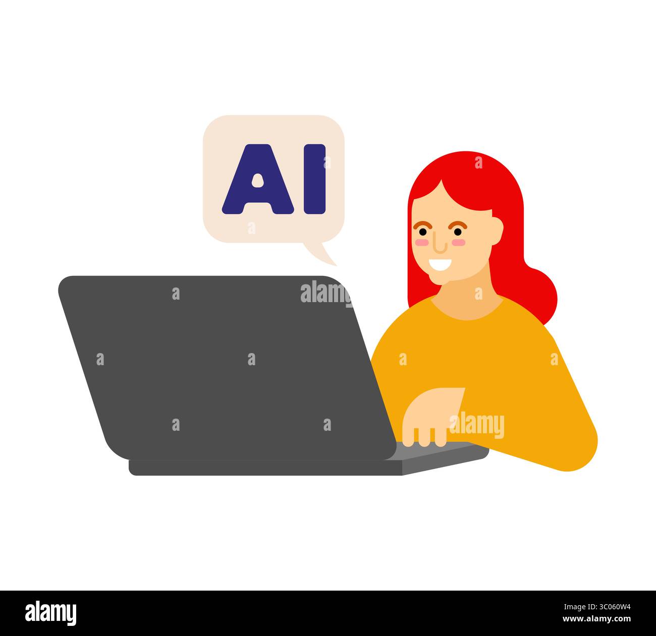 Frau, die einen Laptop mit einem „KI“-Symbol oben verwendet, das künstliche Intelligenz, Technologienutzung oder digitale Interaktion darstellt. Stock Vektor