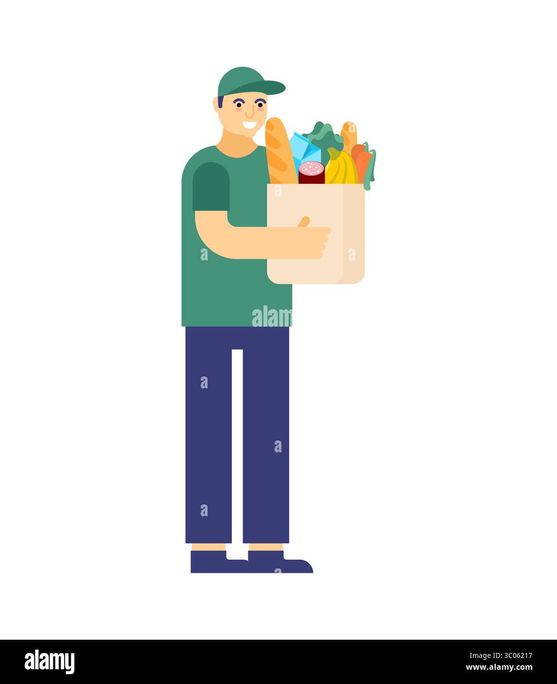 Die Lieferperson trägt eine grüne Mütze und ein Hemd mit Lebensmitteln. Symbolisiert Online-Lieferung von Lebensmitteln, Kurierdienst, kontaktloses Einkaufen oder E-Kommunikation Stock Vektor