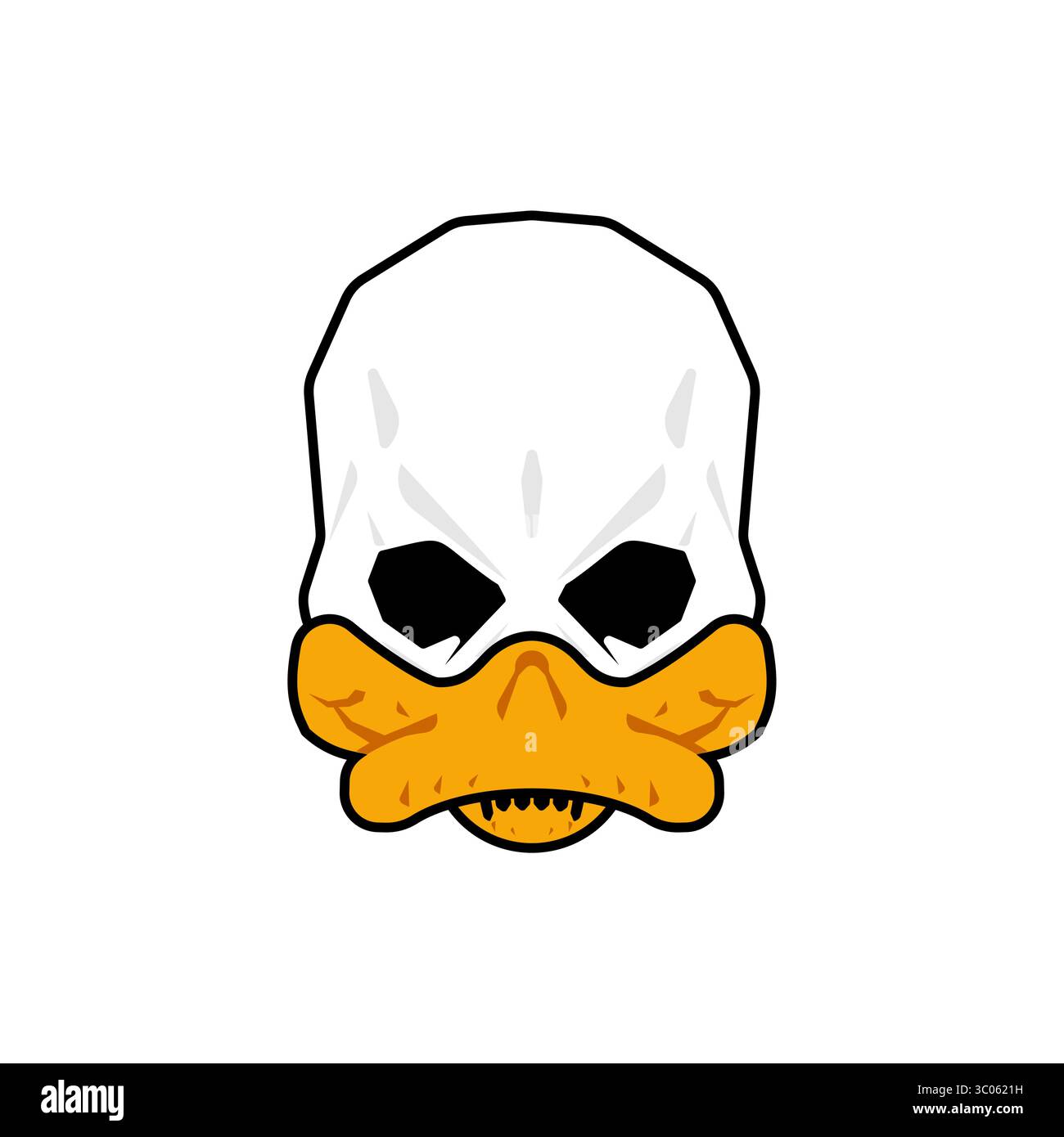 Skull im Cartoon-Stil mit einem gelben Entenschnabel. Ein surreales und humorvolles Symbol, das Niedlichkeit mit Dunkelheit verbindet. Ideal für alternative Kunst, Grafikdesign, o Stock Vektor