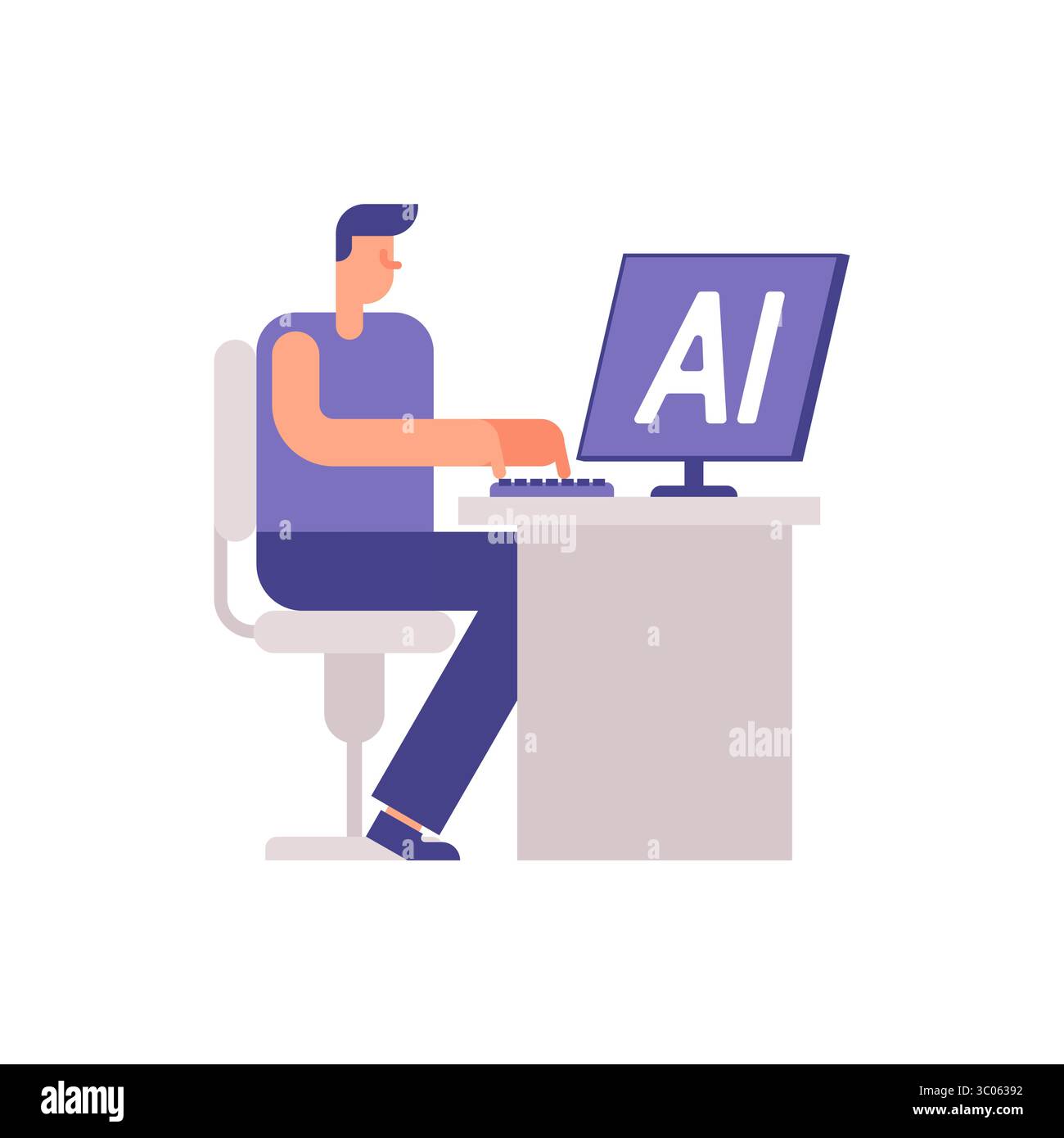 Mann sitzt an einem Schreibtisch mit einem Desktop-Monitor mit der Aufschrift AI. Symbol der künstlichen Intelligenz im digitalen Alltag. Stock Vektor