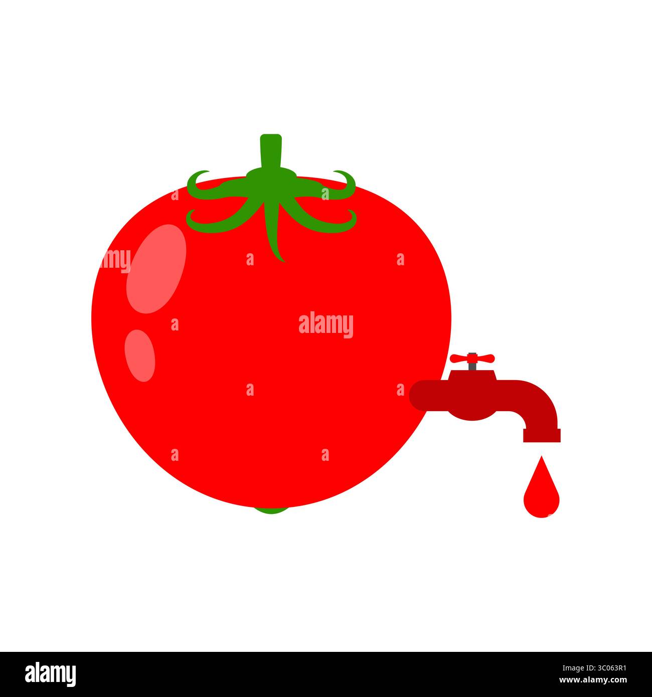 Rote Tomate mit tropfendem Saft am Wasserhahn, kreatives Konzept von frischem Gemüseextrakt. Stock Vektor
