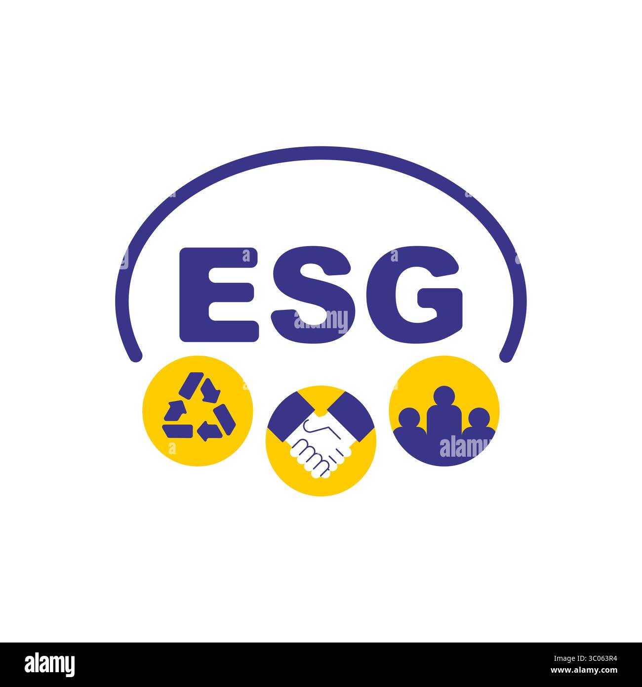 ESG-Logo mit Symbolen für Umwelt, Soziales und Governance. Ideal für Nachhaltigkeit, unternehmerische Verantwortung, ethische Investitionen und Corpo Stock Vektor