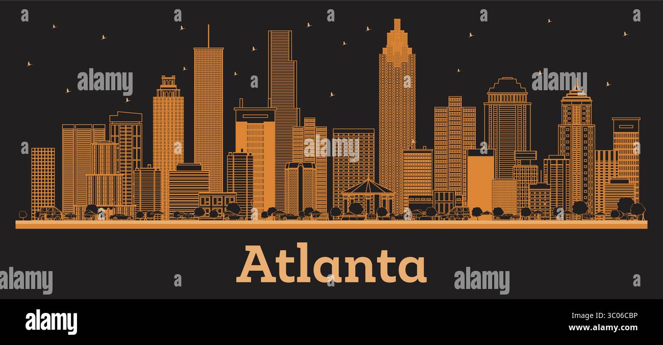 Umreißen Sie die Skyline von Atlanta Georgia City mit orangefarbenen Gebäuden. Vektorabbildung. Geschäftsreisen und Konzept mit moderner Architektur. Atlanta USA. Stock Vektor