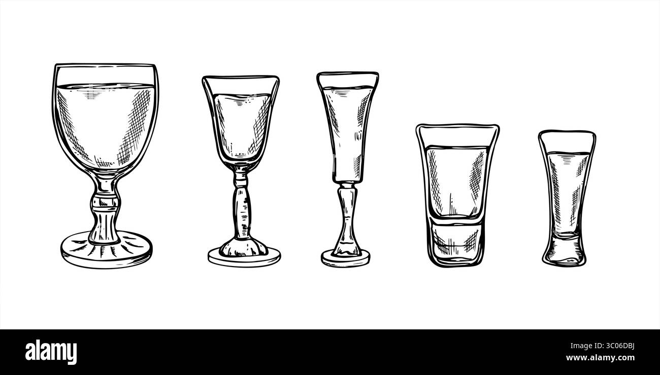 Monochrome Shot Gläser und Schnapsbecher für Limoncello, Wodka und Spirituosen Vektor Set Illustration gemalt mit schwarzen Tinten. ClipArt aus Dinking-Glas Stock Vektor