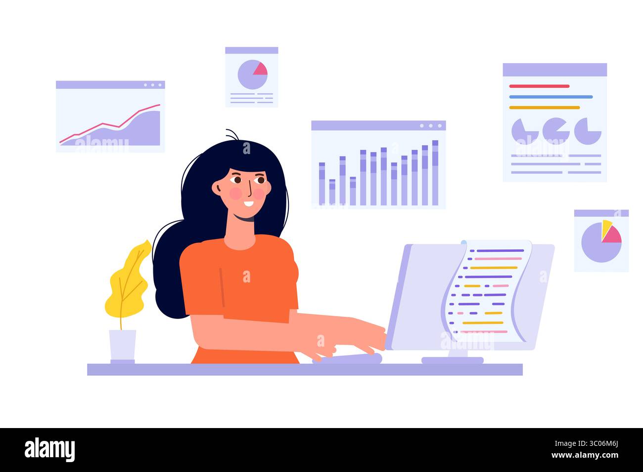 Data Scientist-Konzept. Geschäftsleute diskutieren in einem Meeting die Datenanalyseforschung und arbeiten gemeinsam an einem Bericht, wobei sie Diagramme und eine Dashboa verwenden Stock Vektor