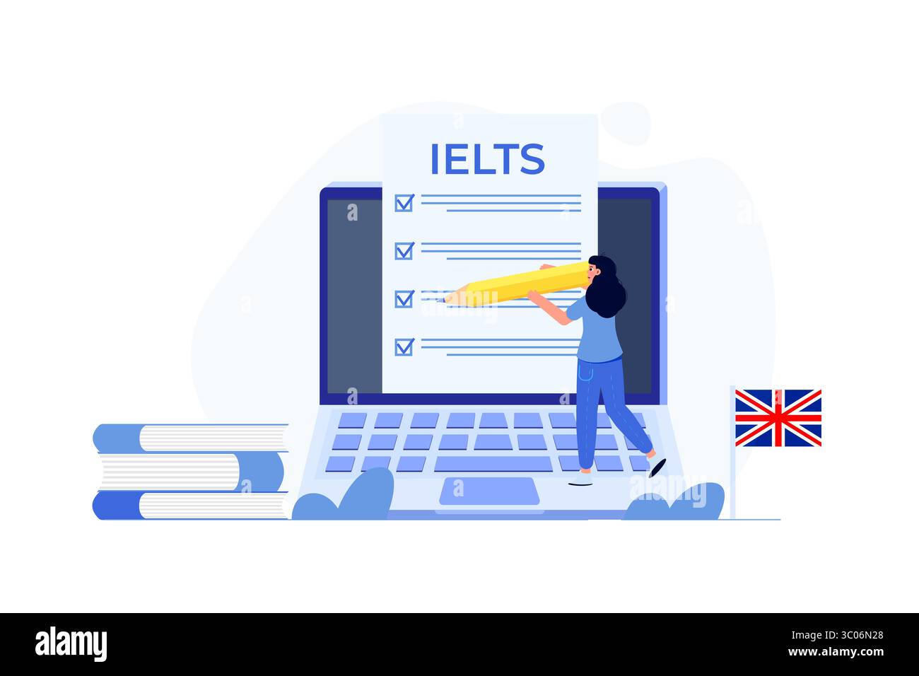 Englischprüfung und Prüfung. IELTS International English Language Testing System. Vektorabbildung. Stock Vektor