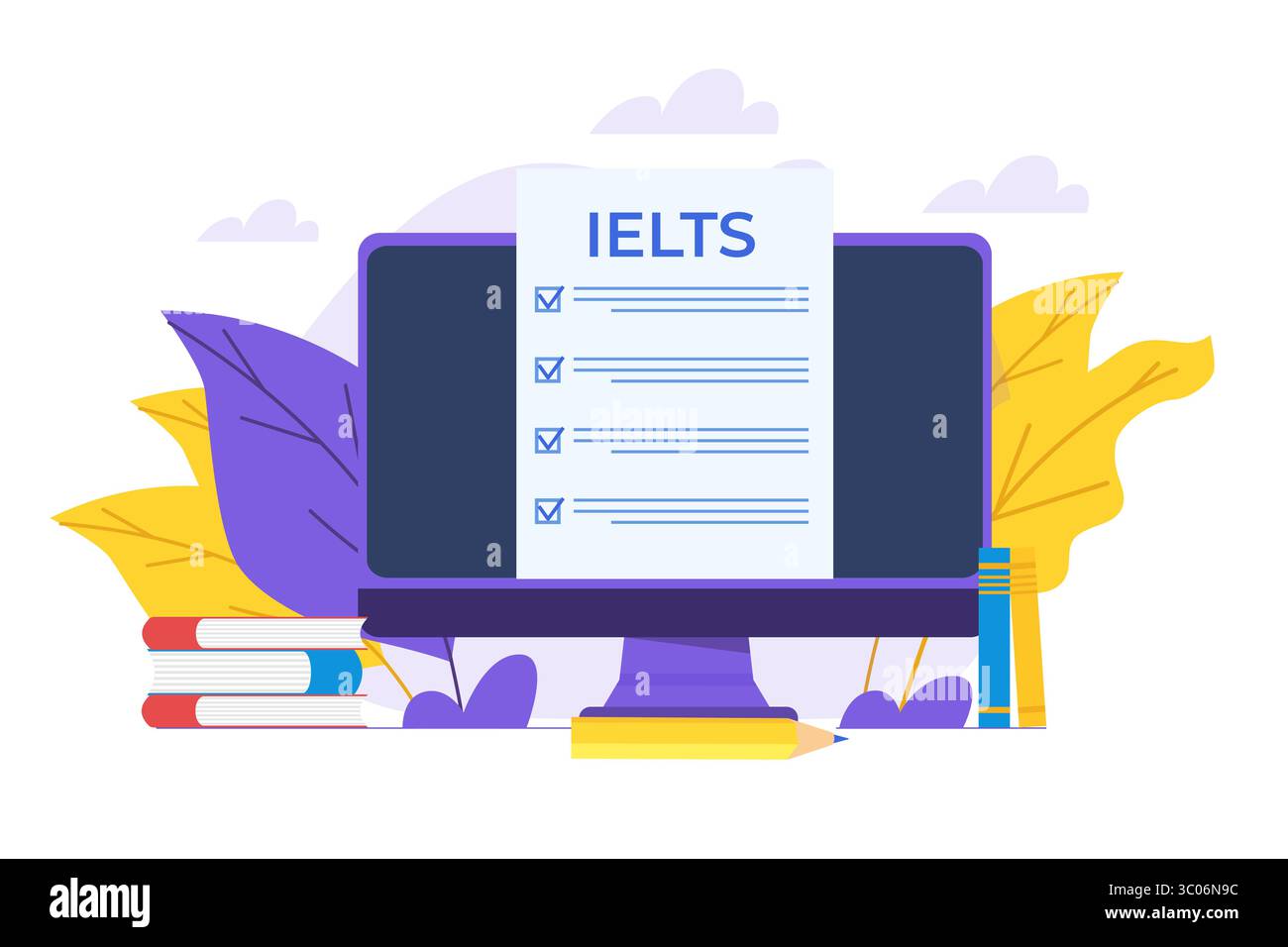 Englischprüfung und Prüfung. IELTS International English Language Testing System. Vektorabbildung. Stock Vektor