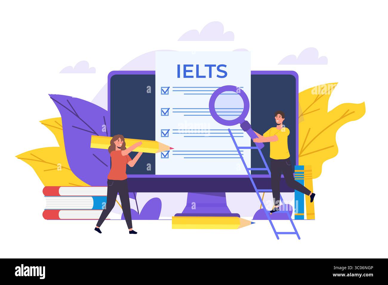 Englischprüfung und Prüfung. IELTS International English Language Testing System. Vektorabbildung. Stock Vektor