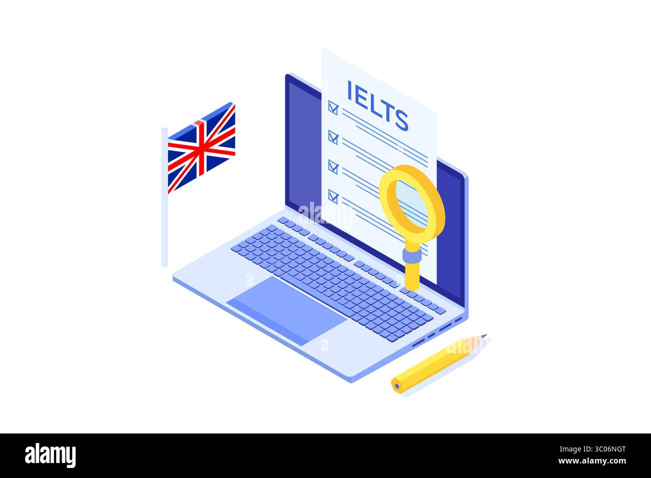 Englischprüfung und Prüfung. IELTS International English Language Testing System. Abbildung des isometrischen Vektors. Stock Vektor