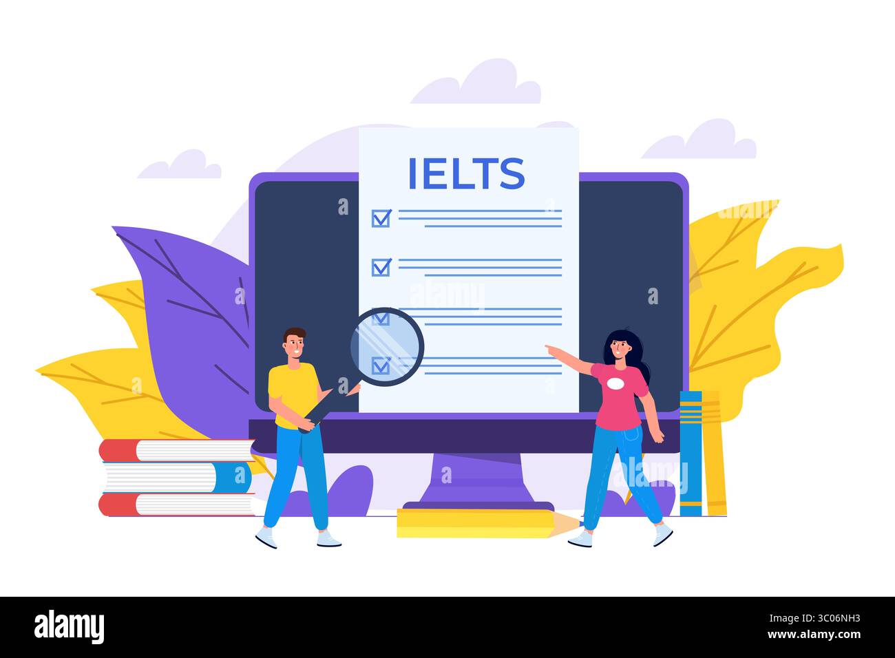 Englischprüfung und Prüfung. IELTS International English Language Testing System. Vektorabbildung. Stock Vektor