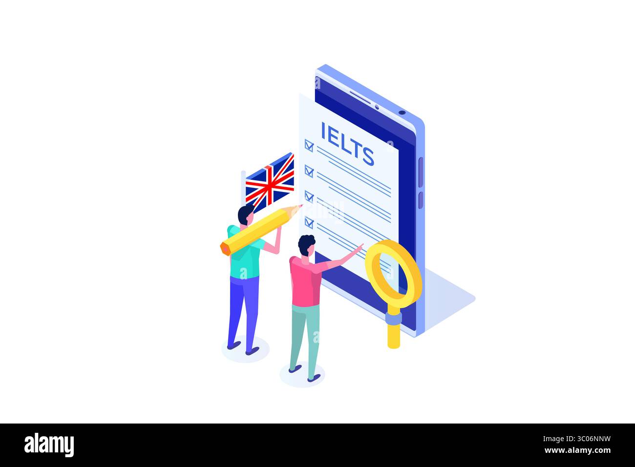 Englischprüfung und Prüfung. IELTS International English Language Testing System. Abbildung des isometrischen Vektors. Stock Vektor