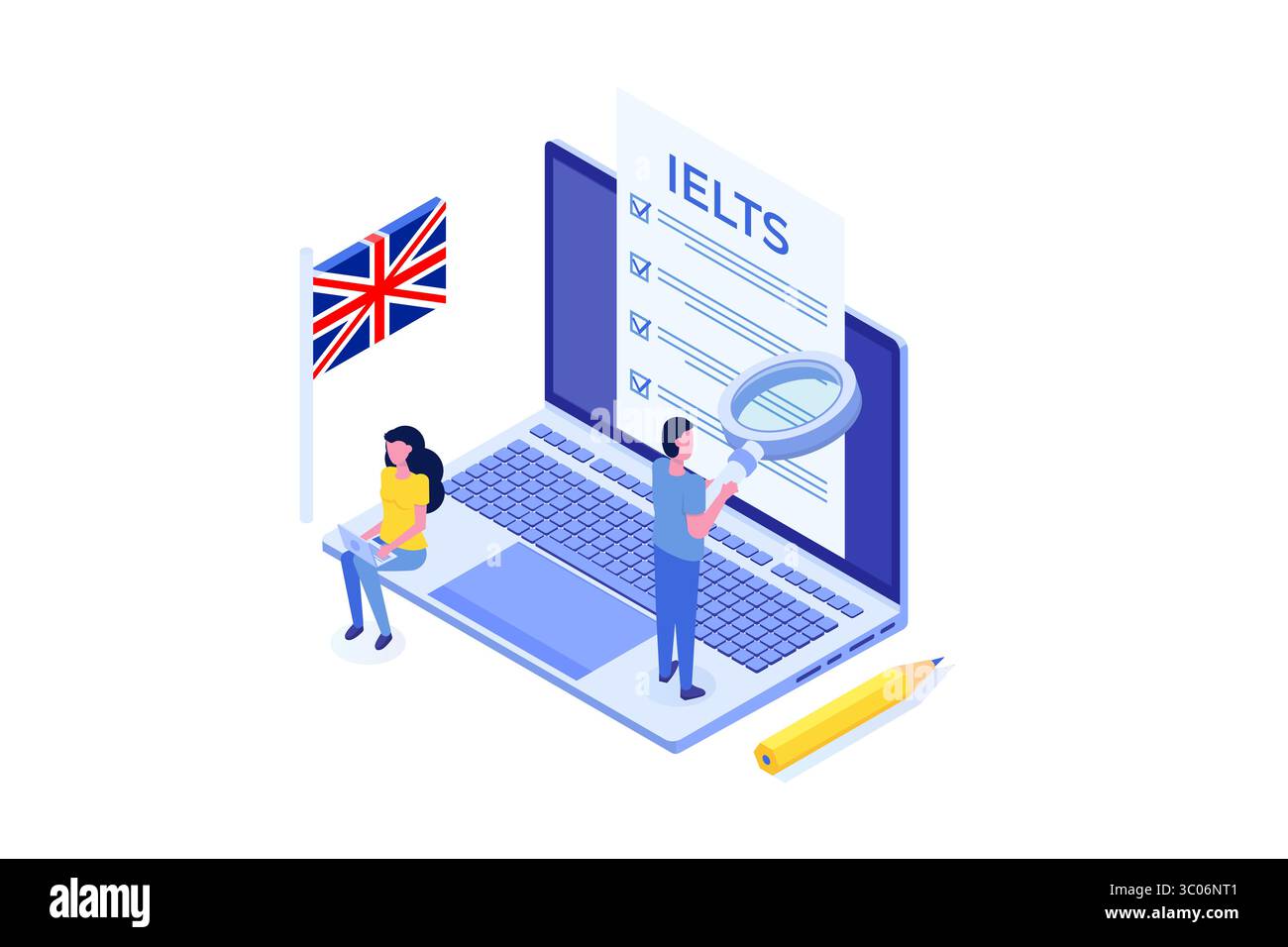 Englischprüfung und Prüfung. IELTS International English Language Testing System. Abbildung des isometrischen Vektors. Stock Vektor