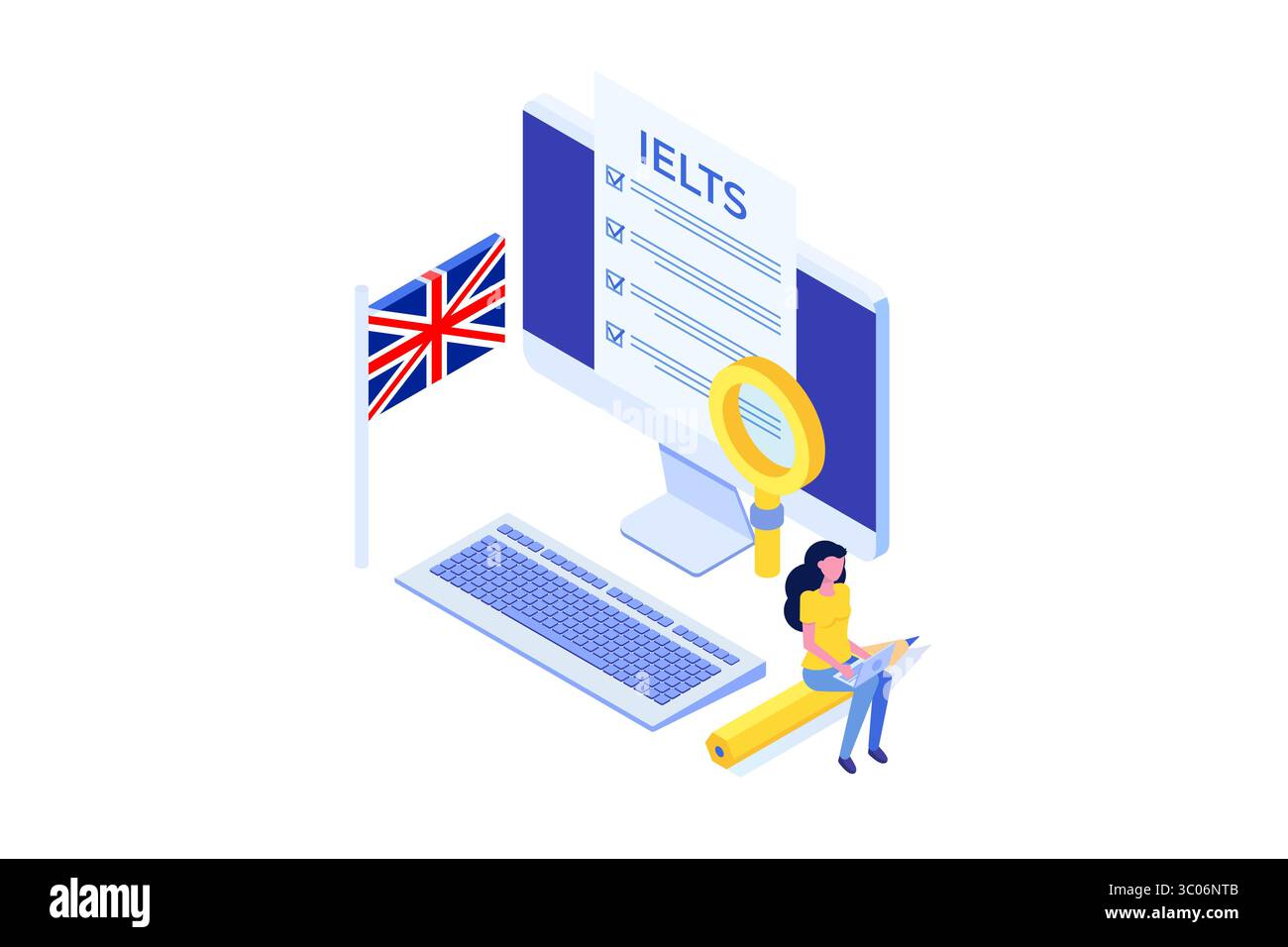 Englischprüfung und Prüfung. IELTS International English Language Testing System. Abbildung des isometrischen Vektors. Stock Vektor