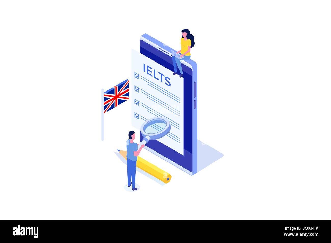 Englischprüfung und Prüfung. IELTS International English Language Testing System. Abbildung des isometrischen Vektors. Stock Vektor