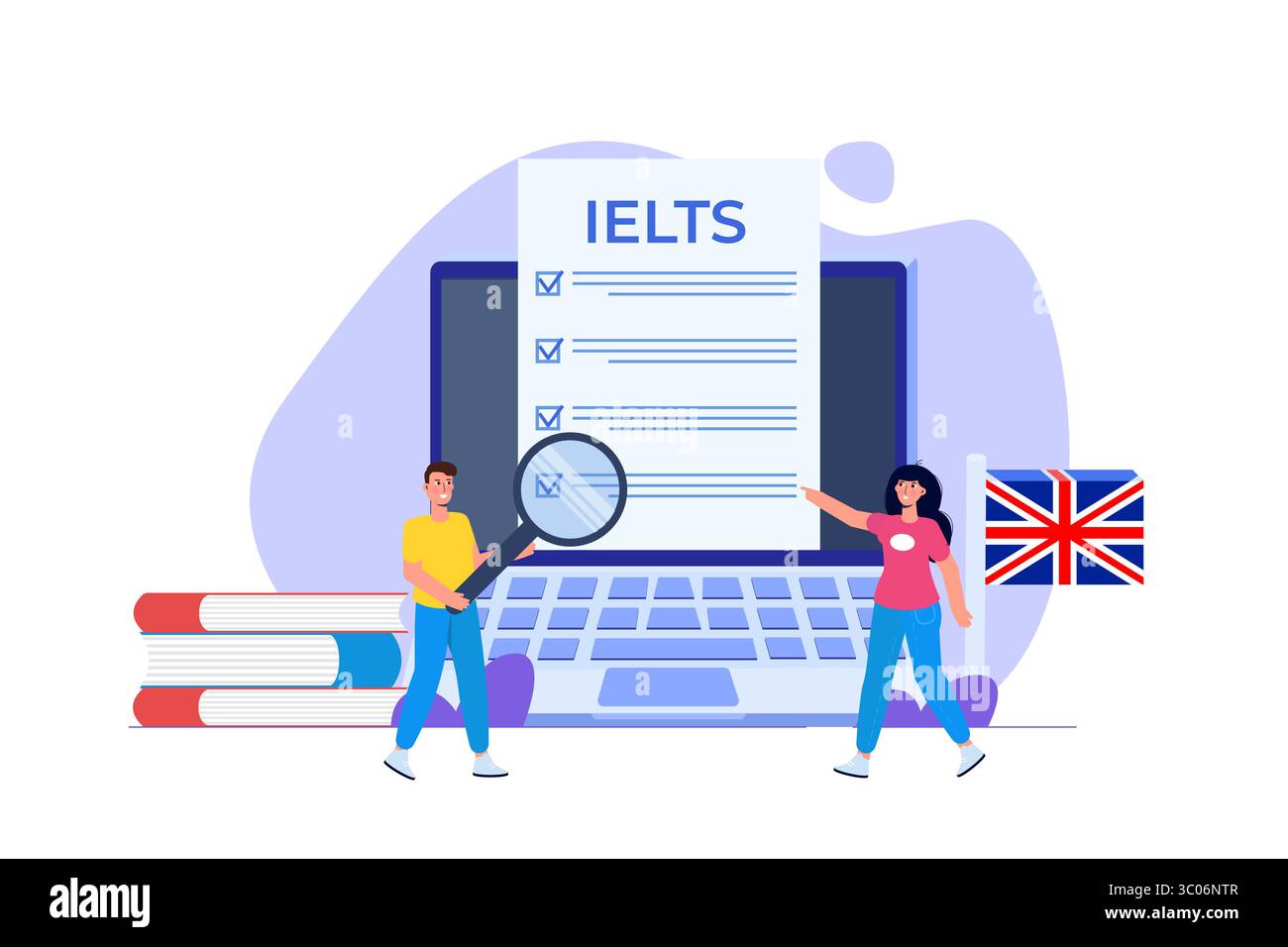 Englischprüfung und Prüfung. IELTS International English Language Testing System. Vektorabbildung. Stock Vektor