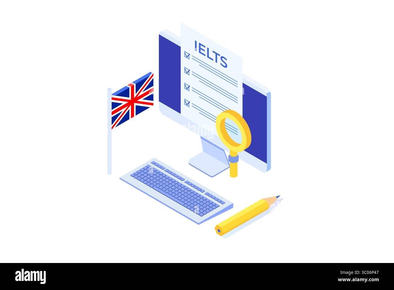 Englischprüfung und Prüfung. IELTS International English Language Testing System. Abbildung des isometrischen Vektors. Stock Vektor
