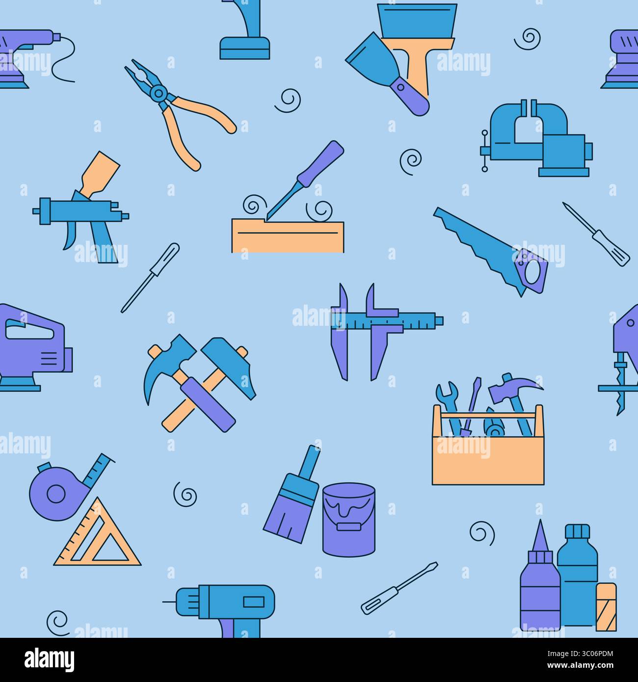Nahtloses Muster mit Reparaturwerkzeugen. Zimmermannswerkzeuge, Holzbearbeitungsgeräte Hintergrund. Vektorabbildung. Stock Vektor