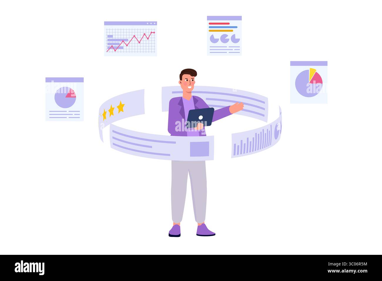 Data Scientist-Konzept. Datenanalysen recherchieren und arbeiten gemeinsam an einem Bericht mithilfe von Diagrammen und einem Dashboard auf einem Monitor. Vektorabbildung. Stock Vektor
