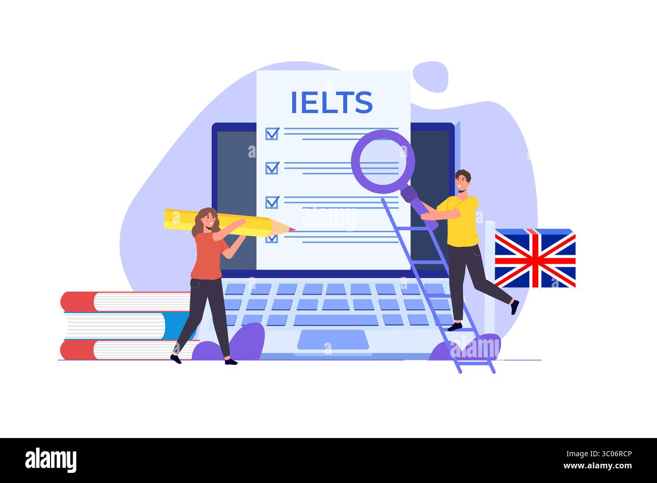 Englischprüfung und Prüfung. IELTS International English Language Testing System. Vektorabbildung. Stock Vektor