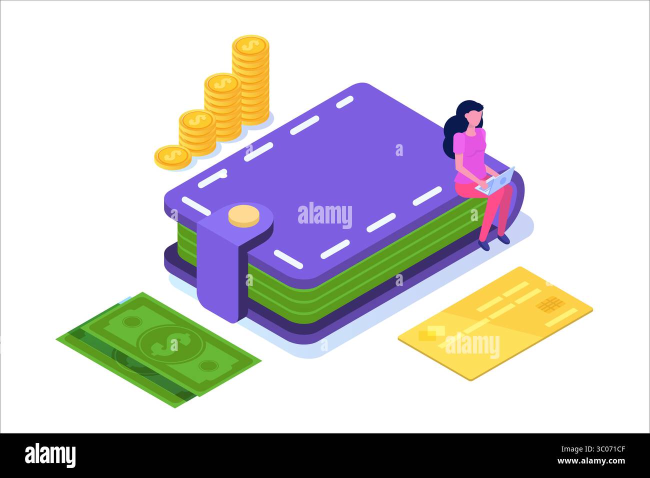 Geldbörse mit Kreditkarten, Münzen, Bargeld-Symbol. Abbildung des isometrischen Vektors. Stock Vektor