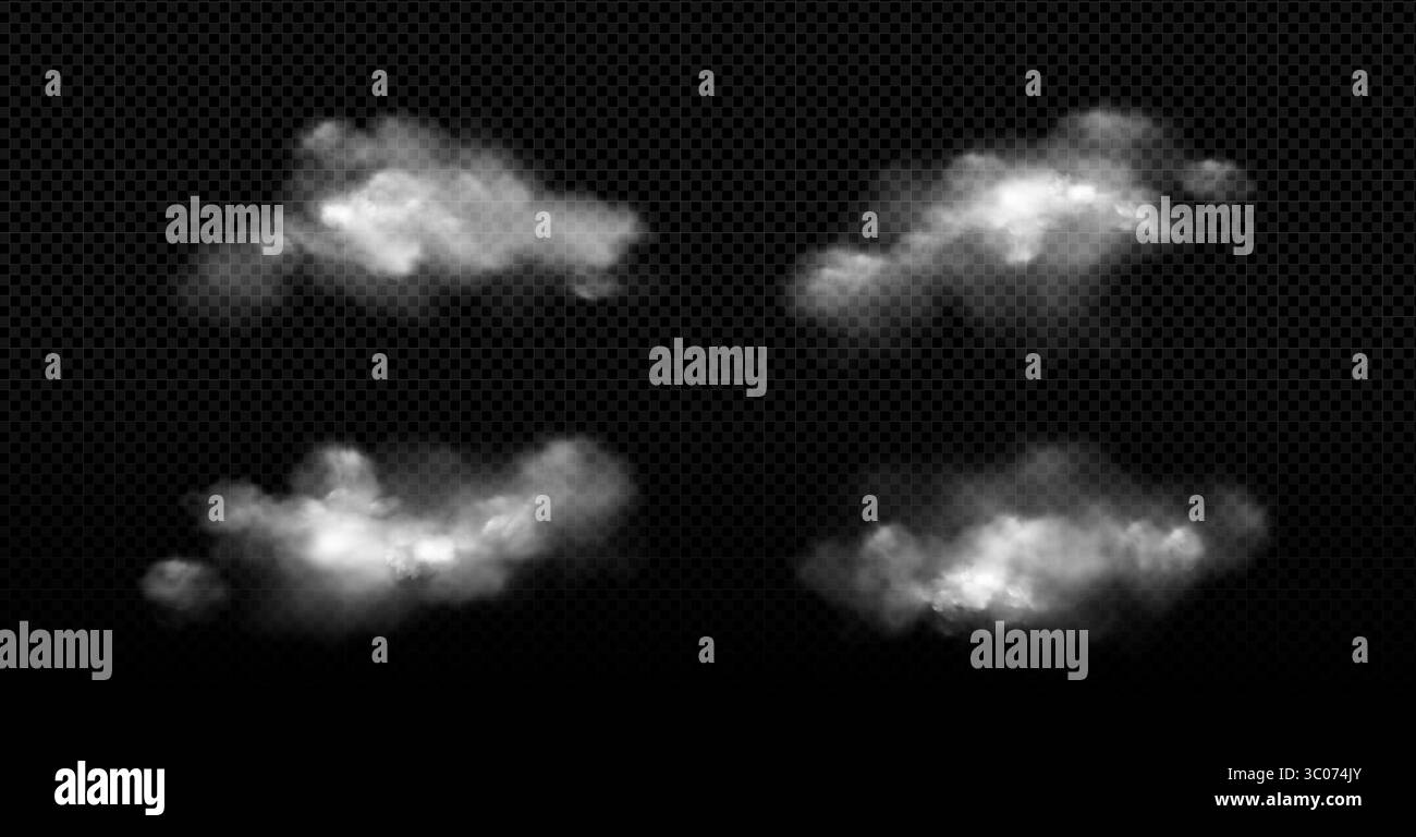 Realistische Wolkenformationen auf transparentem Hintergrund - weiße flauschige Kumulusformen mit weichen Kanten. Natürliche Himmelselemente für Wettergrafiken, atmosphärische Überlagerungen oder meteorologische Illustrationen Stock Vektor
