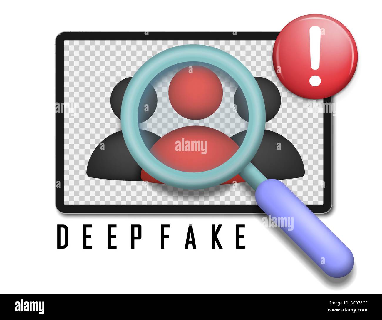 Vektorillustration der Deepfake-Erkennung mit Vergrößerungsglas über digitalen Gesichtern, die Identitätsüberprüfung und Warnung vor KI-generierten Inhalten symbolisiert. Illustration zur Erkennung von KI-DeepFake. Symbol für gefälschte Identitätswarnung. Symbol für digitales Betrugsscannen. Lupe auf synthetischen Medien. Konzept der Gesichtsprüfung. Stock Vektor