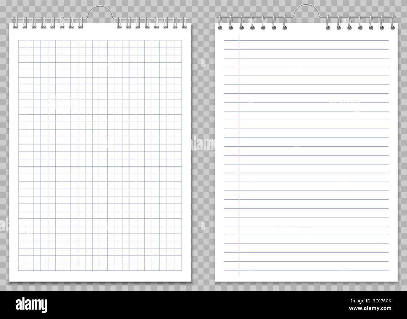 Realistische Vektordarstellung von zwei sauberen spiralförmigen Notizbuchseiten, eine mit blauem Diagrammpapier und ein liniertes Blatt. Isoliert auf transparentem Hintergrund. Perfekt für Mockups, Präsentationen oder Vorlagen. Hintergrund Des Diagrammpapiers. Vorlage Für Liniertes Papier. Spiral Notizbuch Mockup. Leere Notizseite. Schulpapier. Stock Vektor