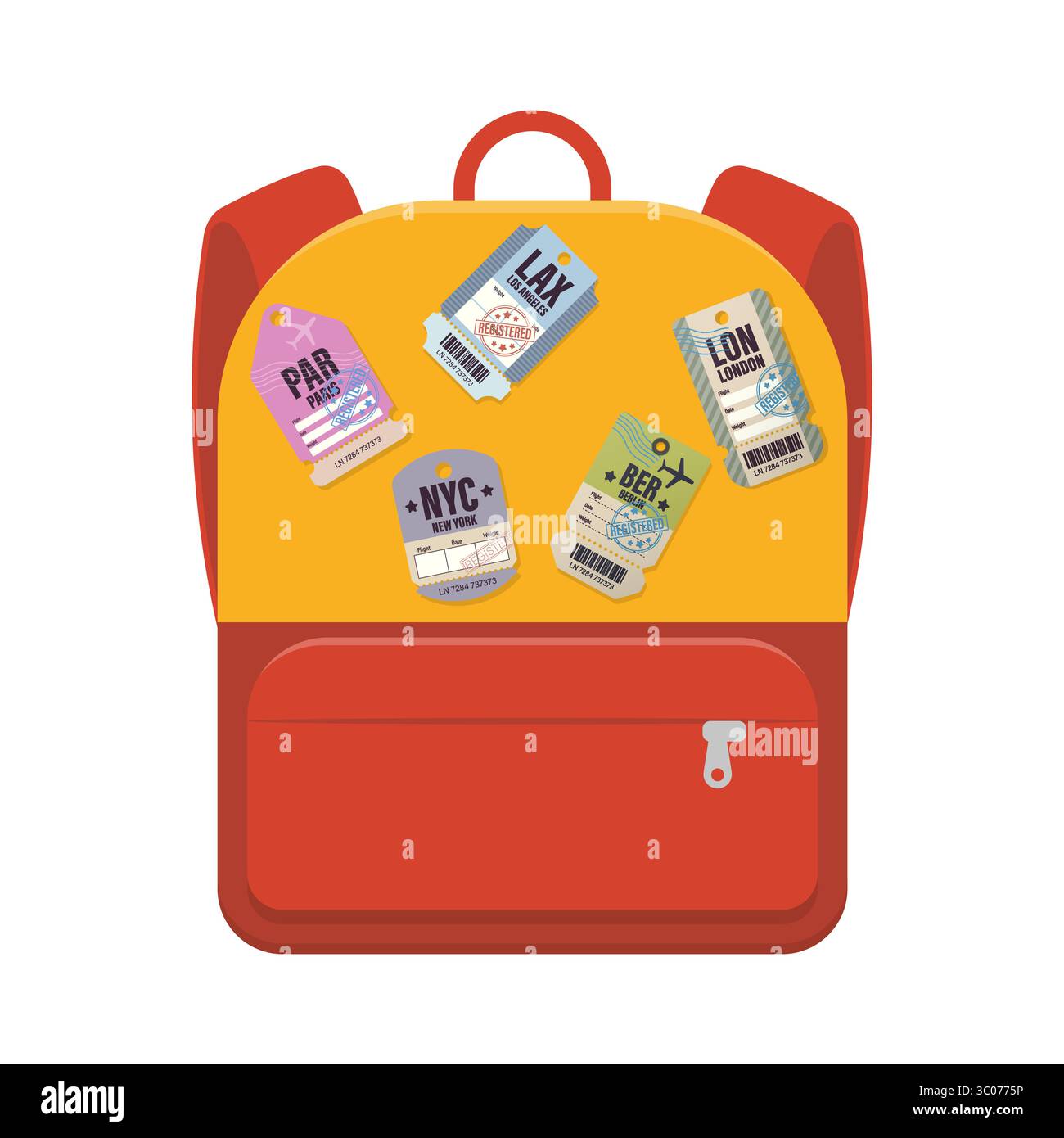 Rucksack mit internationalen Reiseanhängern, einschließlich LAX, NYC und PAR. Ideal für Reise-, Bildungs- und Tourismusthemen. Rucksack mit Reiseanhänger. Farbenfroher Reiserucksack. Schultasche mit Flughafenetiketten. Stock Vektor