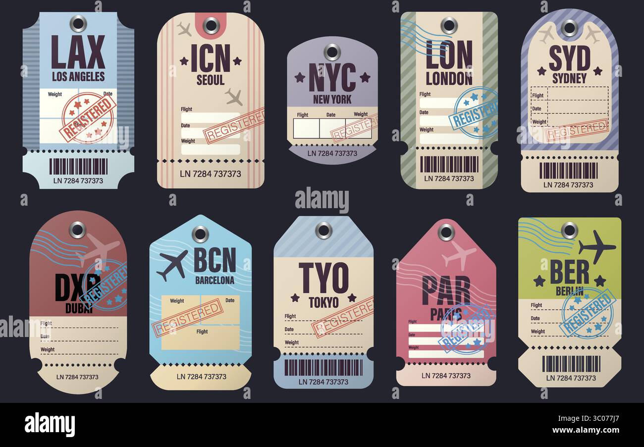 Set mit Retro-Gepäckanhängern mit internationalen Flughafencodes. Vektor-Illustration von Vintage-Stil Gepäckanhänger mit globalen Flughafencodes, Flugdetails und bunten Reisestempel. Airport Code Tag Vektor Stock Vektor