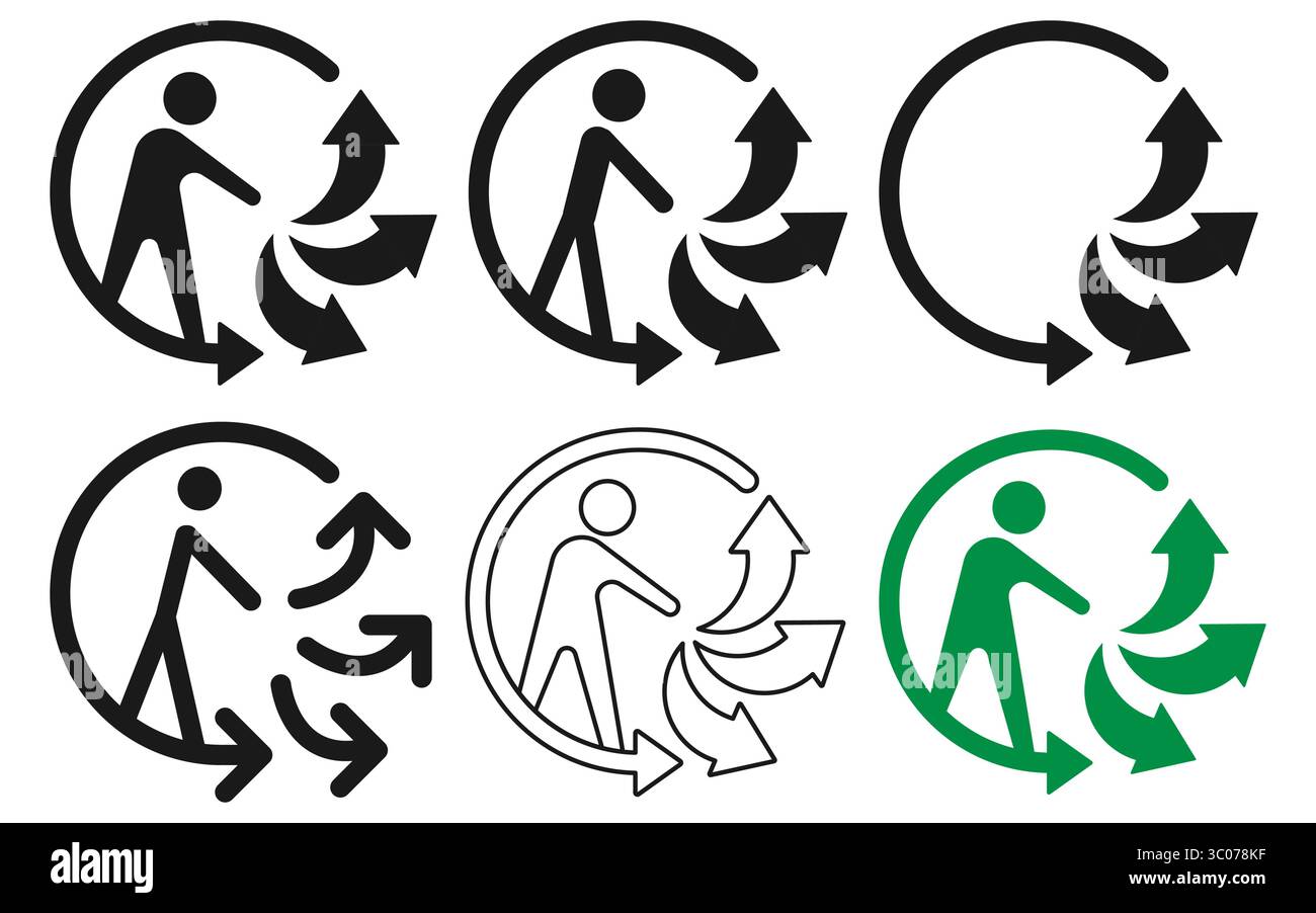 Eine Reihe von stilisierten Recycling-Symbolen für menschliche Figuren mit kreisförmigen Pfeilen in verschiedenen Stilen und Farben. Ideal für Nachhaltigkeits-, Umwelt- und Abfalltrennkonzepte. Symbol für Recycling. Umweltfreundliches Symbol. Kreispfeil man. Grafischer Vektor für Nachhaltigkeit. Umweltfreundliches Lifestyle-Design. Stock Vektor