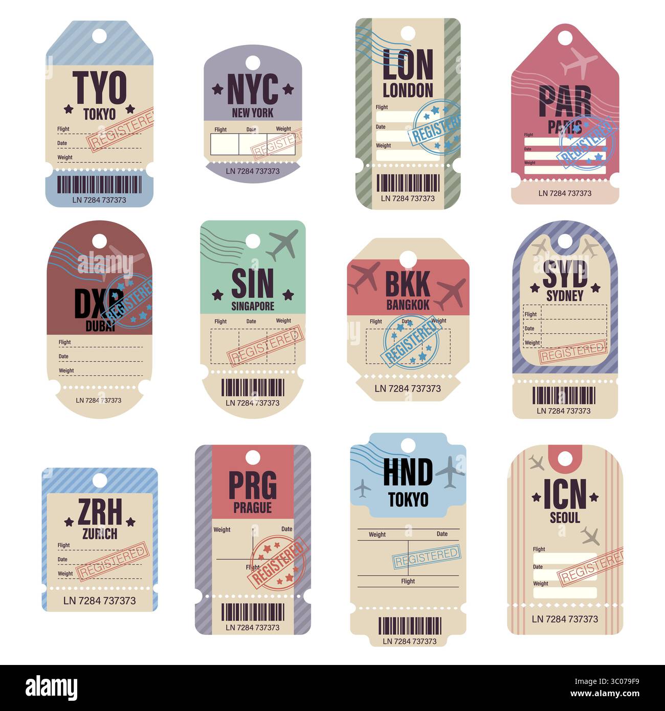 Bunte Gepäckanhänger im Vintage-Stil mit internationalen Flughafencodes und Reisestempeln. Gepäckanhänger für unterwegs. Vintage-Code-Etikett für Flughäfen. Retro-Reiseaufkleber-Set. Code-Vektor Flughafen. Bunte Gepäckanhänger im Vintage-Stil mit internationalen Flughafencodes und Reisestempeln. Stock Vektor