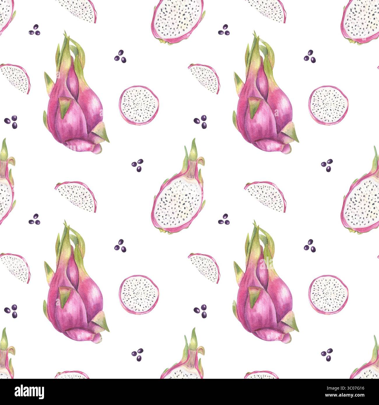 Aquarell tropisches rosa pitaya nahtloses Muster isolierter Hintergrund. Saftige Drachenfrüchte und in Scheiben geschnittene Stücke mit weißem Fleisch und schwarzem Samen Stockfoto