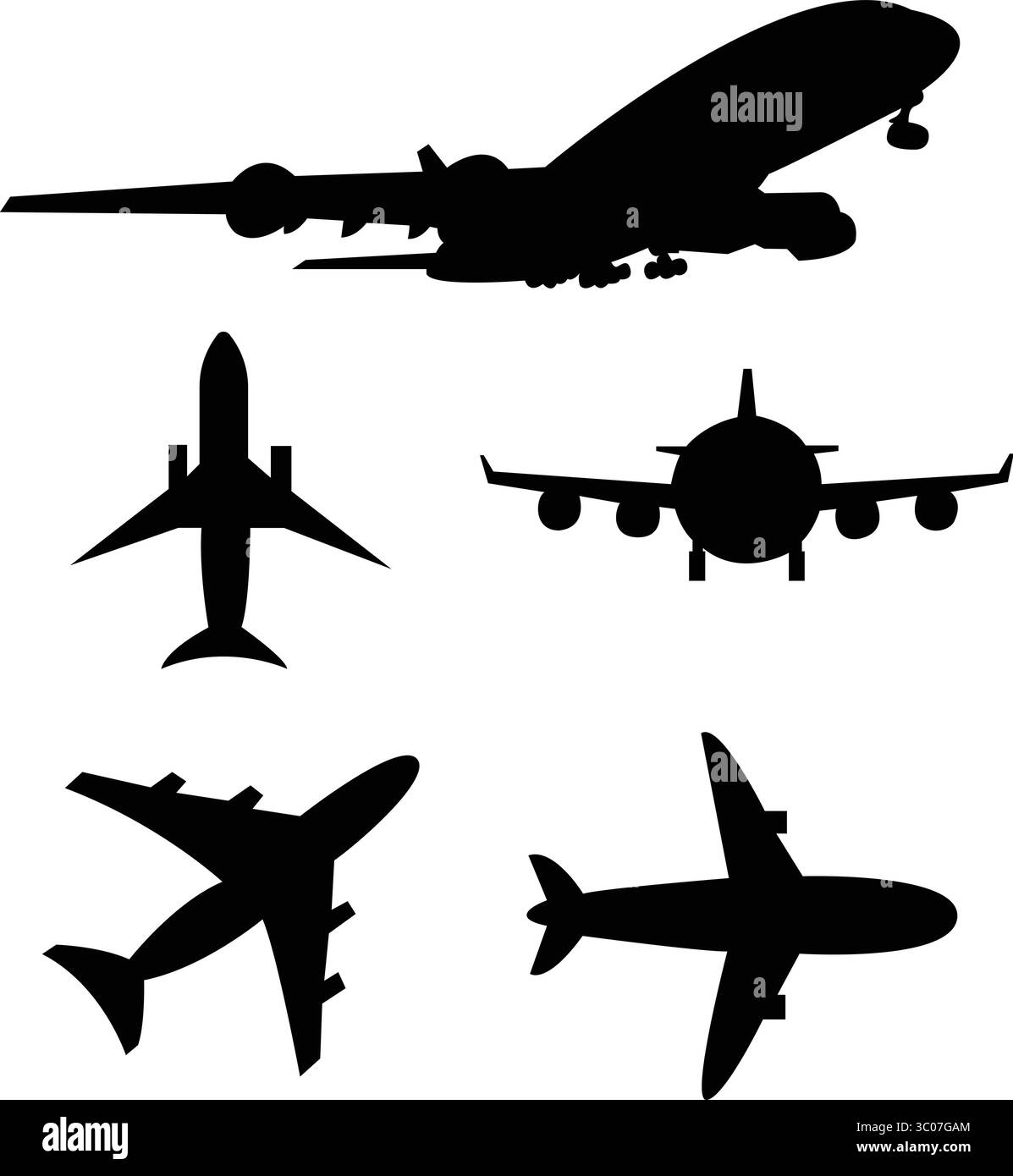 Jet Airplane Silhouetten stellen mehrere Ansichten von Passagierflugzeugen in Vektorillustration ein. Stock Vektor