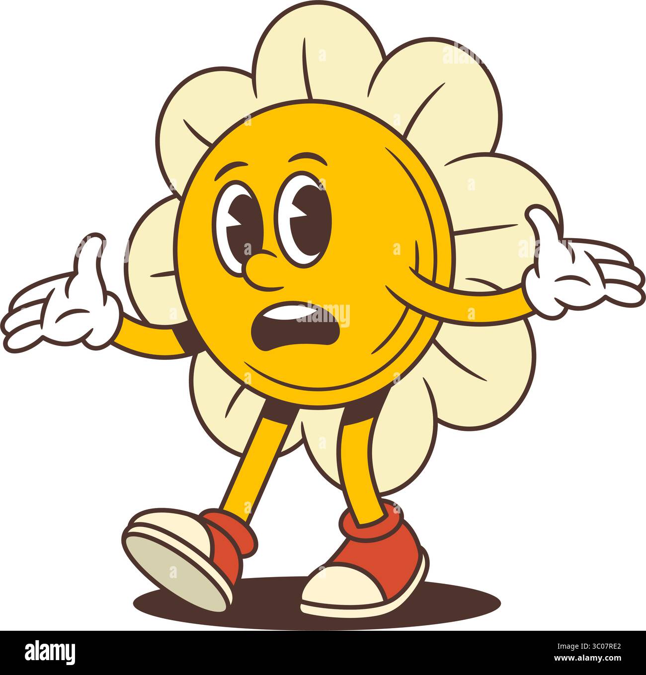 Maskottchen mit Zeichentrickblumen, hochgezogenen Augenbrauen, breiten Augen und ausgestreckten Armen in einer verwirrten Pose. Geeignet für lehrreiche, emotionale oder inhaltliche Schwerpunkte Stock Vektor